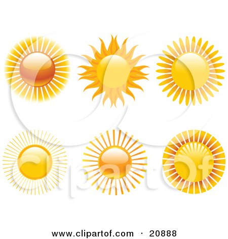 Clipart Illustration of a Collection Of 6 Hot Suns With Rays Over A White Background by elaineitalia