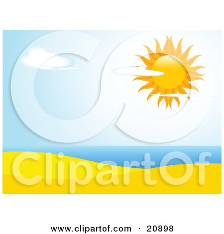 Clipart Illustration of the Sun Shining Brightly In A Partly Cloudy Sky Over A Sandy Beach And The Ocean by elaineitalia