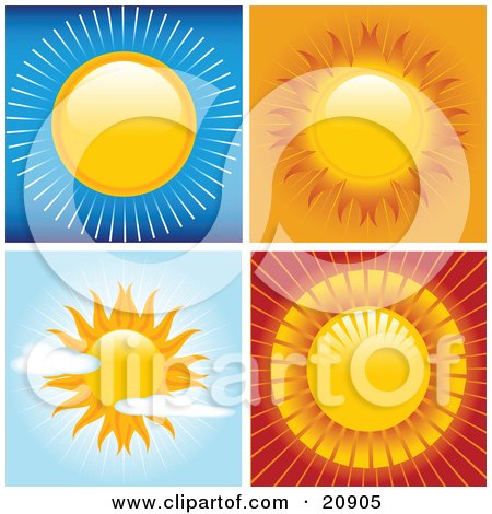 Clipart Illustration of Four Scenes Of Bright Hot Suns In Blue, Orange, Red And Partially Cloudy Skies by elaineitalia
