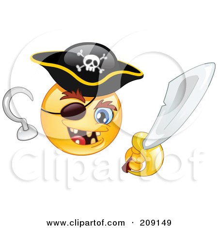 Royalty-Free (RF) Clipart Illustration of a Yellow Smiley Face Pirate With A Hook Hand, Sword And Eye Patch by yayayoyo