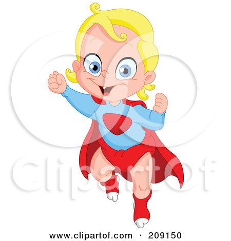 Royalty-Free (RF) Clipart Illustration of a Blond Baby Flying In A Super Hero Costume by yayayoyo