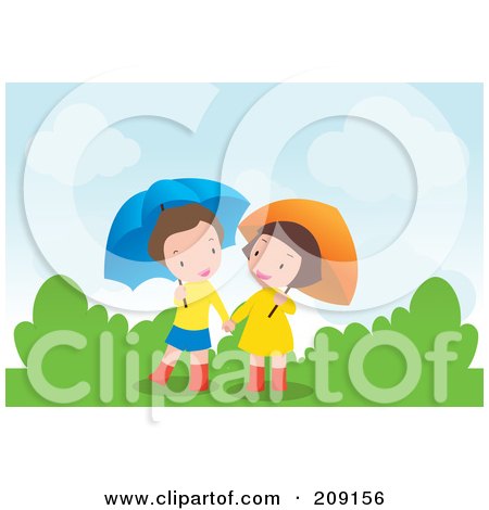 Royalty-Free (RF) Clipart Illustration of a Boy And Girl Holding Hands And Walking With Umbrellas by mayawizard101