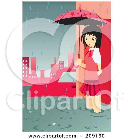Royalty-Free (RF) Clipart Illustration of a Girl With An Umbrella Standing In A Flooded City by mayawizard101