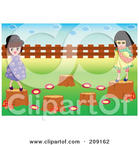 Royalty-Free (RF) Clipart Illustration of a Two Girls Playing On Tree Stumps by mayawizard101