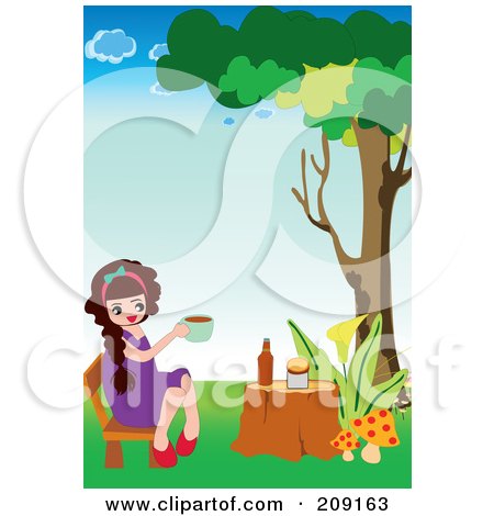 Royalty-Free (RF) Clipart Illustration of a Girl Having Tea Time Outside On A Tree Stump by mayawizard101