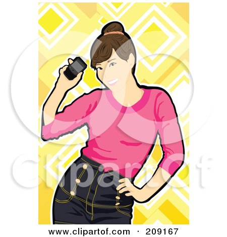 Royalty-Free (RF) Clipart Illustration of a Happy Woman Bending Sideways At Her Hip And Holding Her Cell Phone by mayawizard101