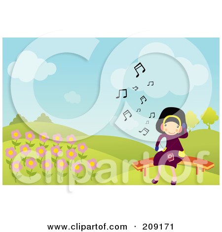 Royalty-Free (RF) Clipart Illustration of a Little Girl Listening To Music By Flowers In A Park by mayawizard101