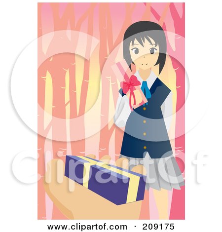 Royalty-Free (RF) Clipart Illustration of a School Girl Trading Presents With Someone by mayawizard101