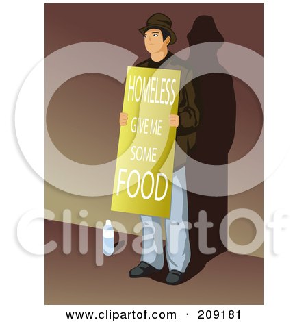 Royalty-Free (RF) Clipart Illustration of a Homless Man Standing With A Give Me Some Food Sign by mayawizard101