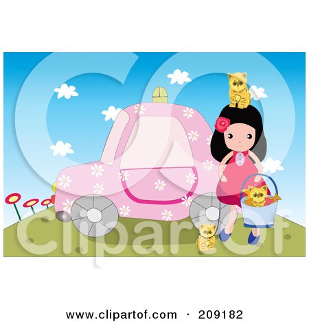 Royalty-Free (RF) Clipart Illustration of a Girl Playing With Kittens By A Pink Car by mayawizard101