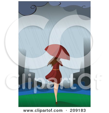 Royalty-Free (RF) Clipart Illustration of a Woman With An Umbrella Walking Towards A Flooded City by mayawizard101