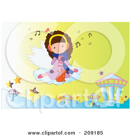 Royalty-Free (RF) Clipart Illustration of a Little Girl And Cat Floating On A Cloud And Listening To Music by mayawizard101