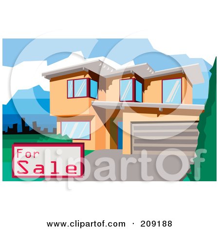 Royalty-Free (RF) Clipart Illustration of a For Sale Sign By A Multi Story Modern House by mayawizard101