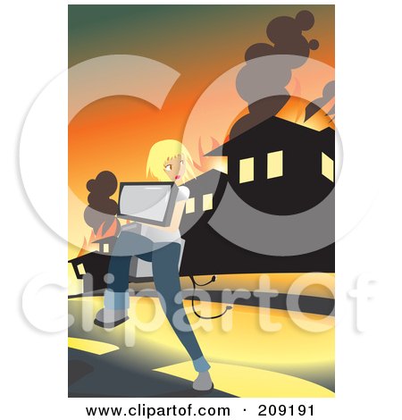 Royalty-Free (RF) Clipart Illustration of a Girl Carrying Her Computer And Running From A Blazing House by mayawizard101