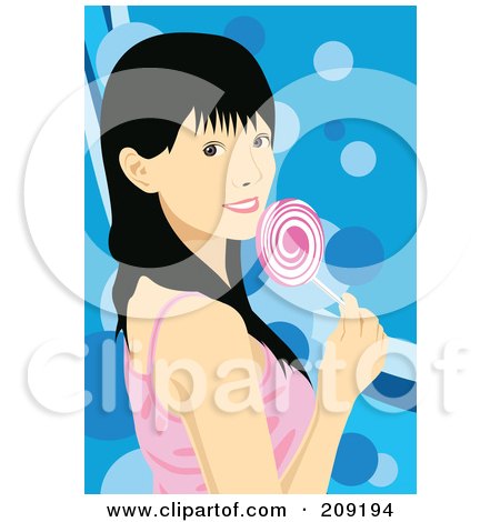 Royalty-Free (RF) Clipart Illustration of a Black Haired Woman Holding A Pink Lolipop by mayawizard101