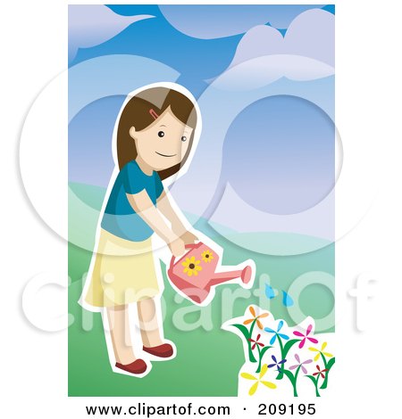 Royalty-Free (RF) Clipart Illustration of a Girl Watering A Garden Of Colorful Flowers by mayawizard101