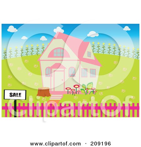 Royalty-Free (RF) Clipart Illustration of a For Sale Sign By A House With A Pink Roof by mayawizard101