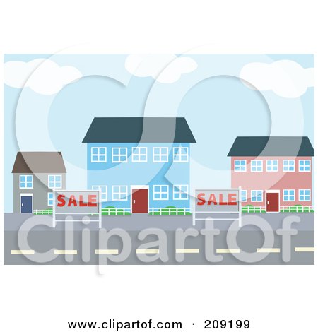 Royalty-Free (RF) Clipart Illustration of For Sale Signs By Village Buildings by mayawizard101