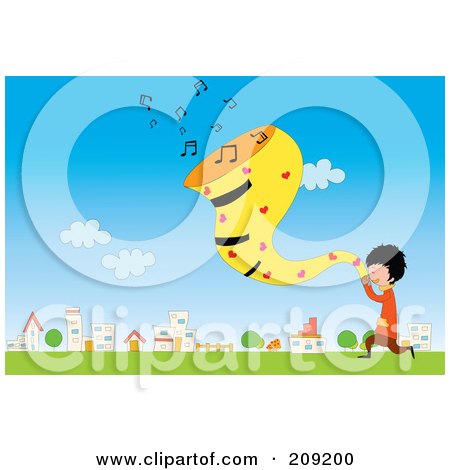 Royalty-Free (RF) Clipart Illustration of a Boy Singing Music In A Field By A Village by mayawizard101