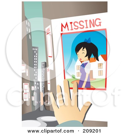 Royalty-Free (RF) Clipart Illustration of a Hand Posting A Missing Girl Sign In A City by mayawizard101