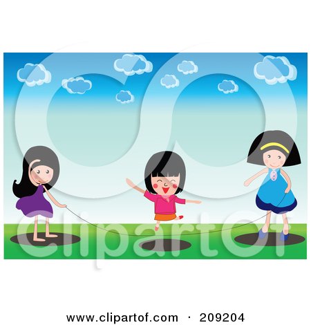 Royalty-Free (RF) Clipart Illustration of Three Girls Playing With A Jump Rope Outside by mayawizard101