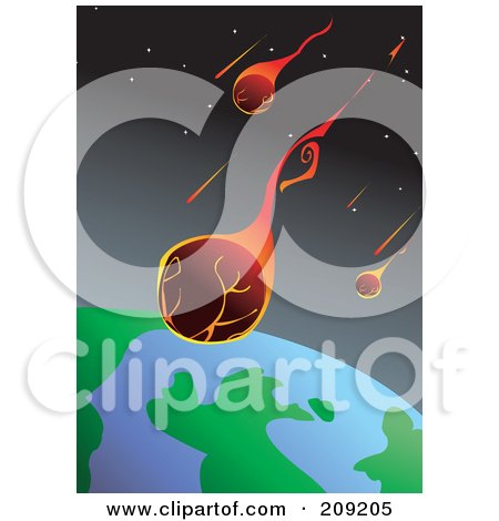 Royalty-Free (RF) Clipart Illustration of Fiery Meteors Flying Towards Earth by mayawizard101
