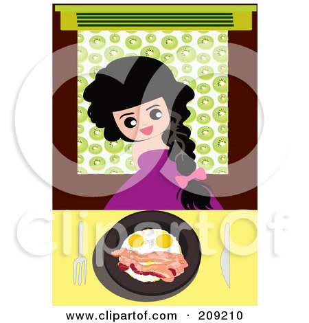 Royalty-Free (RF) Clipart Illustration of a Happy Girl With A Plate Of Eggs And Bacon by mayawizard101