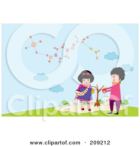 Royalty-Free (RF) Clipart Illustration of a Sweet Boy Giving An Apple To A Girl by mayawizard101