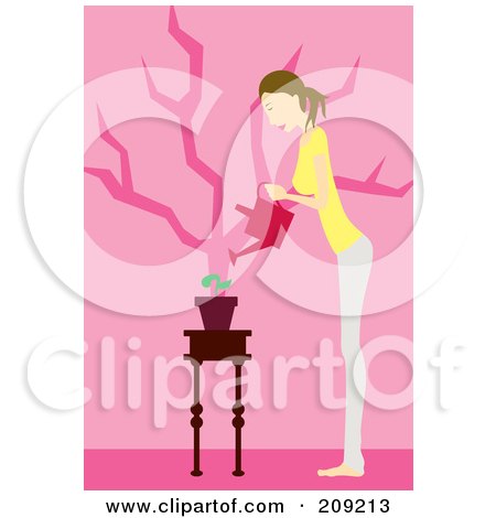 Royalty-Free (RF) Clipart Illustration of a Woman Bending To Water A Potted Plant by mayawizard101
