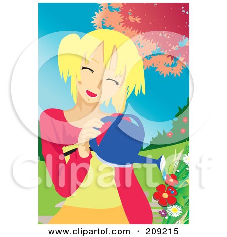 Royalty-Free (RF) Clipart Illustration of a Happy Blond Woman Watering A Flower Garden by mayawizard101