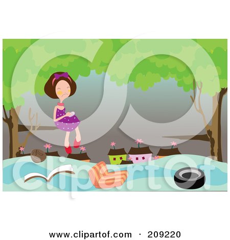 Royalty-Free (RF) Clipart Illustration of Items Floating Under A Girl In A Tree During A Flood by mayawizard101