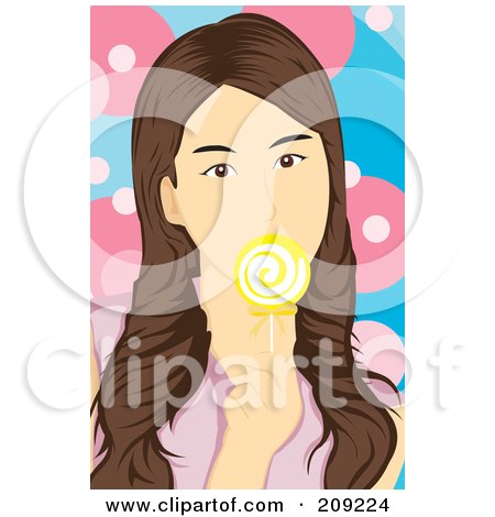 Royalty-Free (RF) Clipart Illustration of a Brunette Woman Licking A Yellow Lolipop by mayawizard101