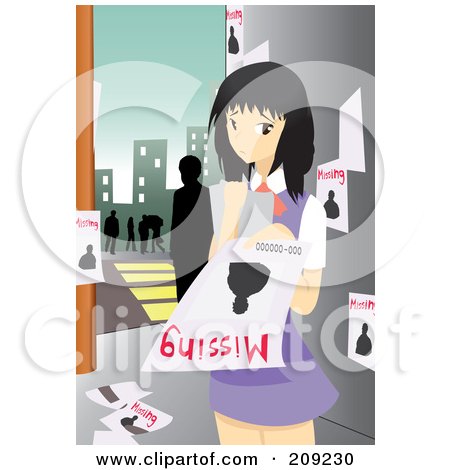 Royalty-Free (RF) Clipart Illustration of a Girl Posting A Missing Sign In A City by mayawizard101