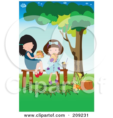 Royalty-Free (RF) Clipart Illustration of Two Girls Eating A Picnic Lunch In A Park by mayawizard101