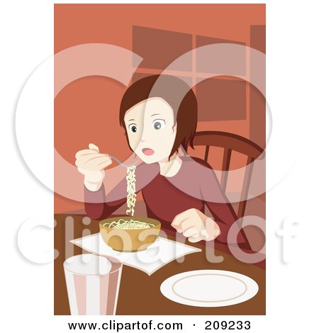 Royalty-Free (RF) Clipart Illustration of a Girl Eating Ramen Noodles At A Table by mayawizard101