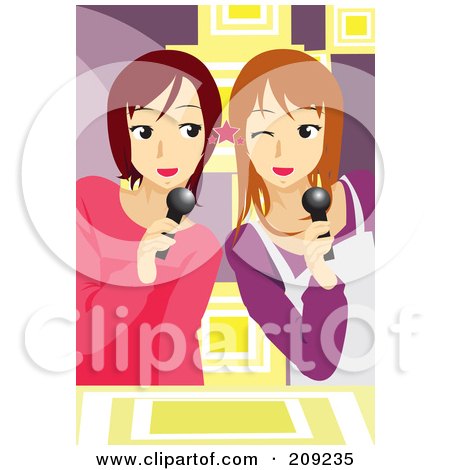 Royalty-Free (RF) Clipart Illustration of Two Teen Girls Singing Karaoke by mayawizard101