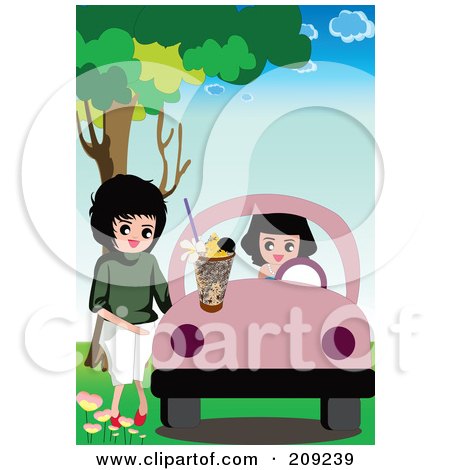 Royalty-Free (RF) Clipart Illustration of Two Women With A Pink Car, A Milkshake On The Hood by mayawizard101