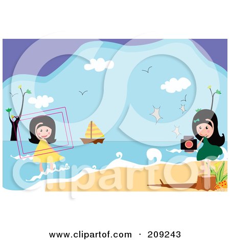 Royalty-Free (RF) Clipart Illustration of Girls Taking Pictures At The Beach by mayawizard101
