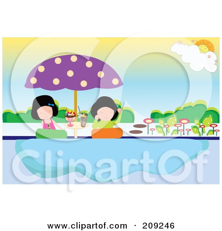 Royalty-Free (RF) Clipart Illustration of Two Girls With Beverages At A Beach by mayawizard101