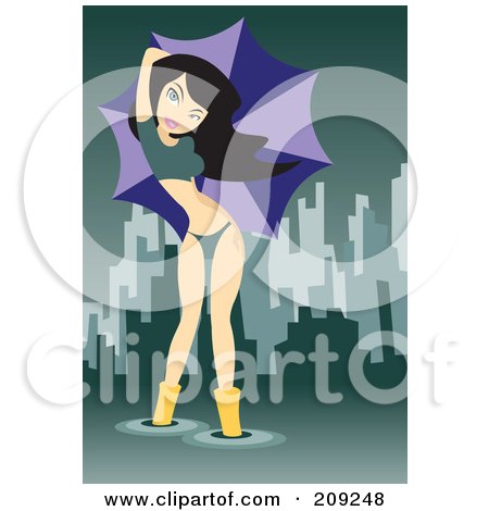 Royalty-Free (RF) Clipart Illustration of a Sexy Woman Standing In A Puddle And Holding An Umbrella by mayawizard101