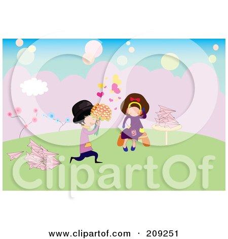 Royalty-Free (RF) Clipart Illustration of a Boy Giving Flowers To A Girl Listening To Music, With Paper Planes by mayawizard101