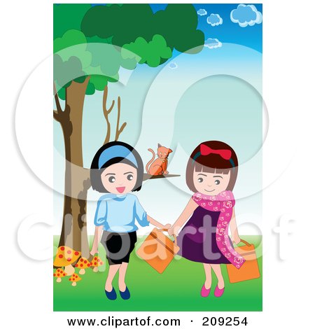 Royalty-Free (RF) Clipart Illustration of a Cat Sitting On A Tree Branch, Watching Two Girls by mayawizard101