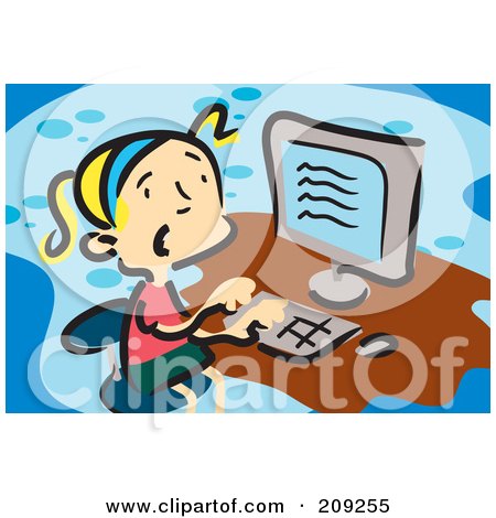 Royalty-Free (RF) Clipart Illustration of a Confused Blond Girl Using A Computer by mayawizard101