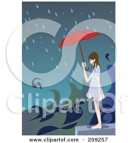 Royalty-Free (RF) Clipart Illustration of a Girl With An Umbrella Over A Flooded City by mayawizard101
