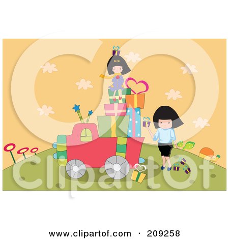Royalty-Free (RF) Clipart Illustration of a Girls Loading Up A Truck With Gifts by mayawizard101