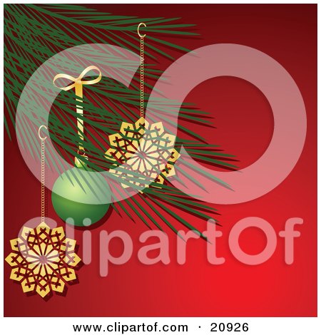 Clipart Illustration of a Christmas Tree Branch Decorated In Golden Snoflake And A Green Bauble Ornaments by elaineitalia