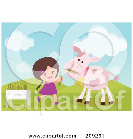 Royalty-Free (RF) Clipart Illustration of a Girl Hand Feeding Grass To A Cow by mayawizard101