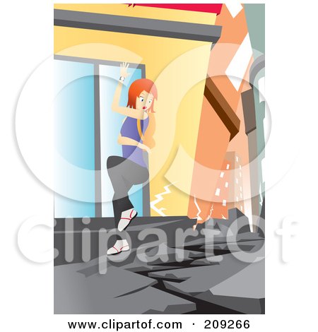 Royalty-Free (RF) Clipart Illustration of a Woman Trying To Grasp A Building During An Earthquake by mayawizard101
