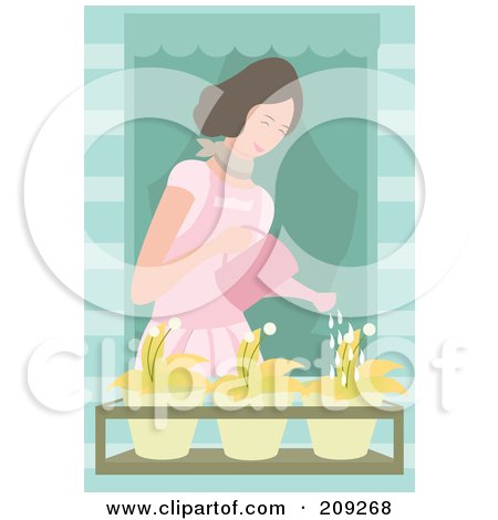 Royalty-Free (RF) Clipart Illustration of a Lady Watering Flowers In A Window Planter Box by mayawizard101