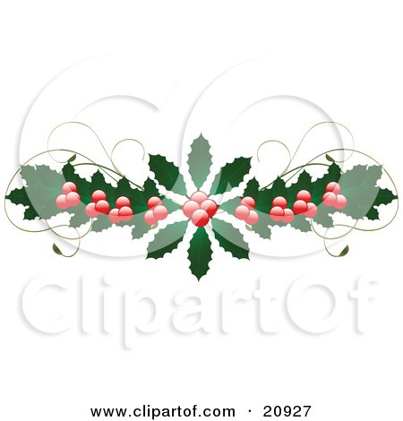 Clipart Illustration of a Flourish Of Holly Leaves And Berries With Vines Over A White Background by elaineitalia